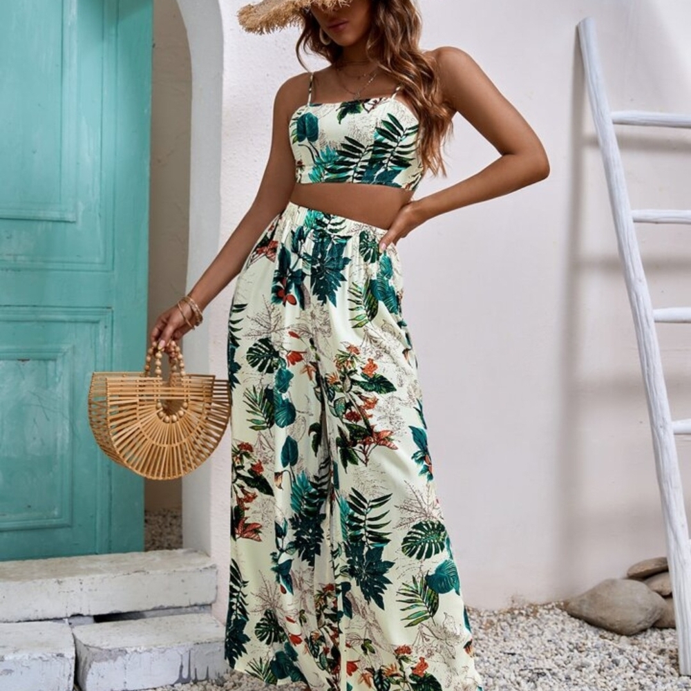 Tropical Print Wide-Leg Pants & Cami Set